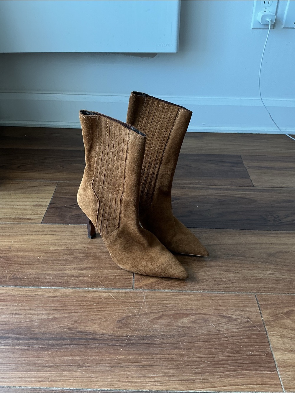 L'INTERVALLE Brown Suede Pointed-Toe Mid-Calf Heeled Boots